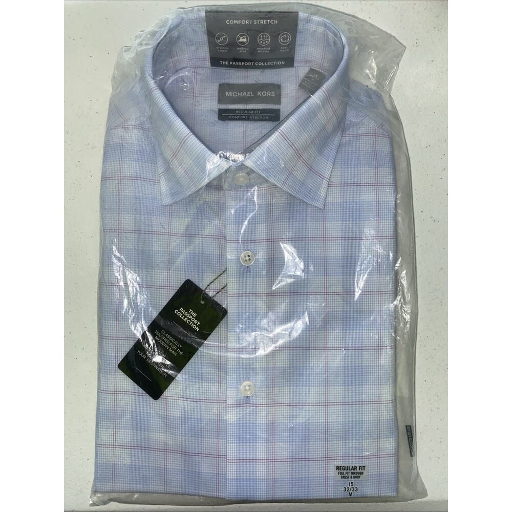 Michael Kors Mens Dress Shirt Size M 15 32/33 Blue Plaid Long Sleeve Regular NEW